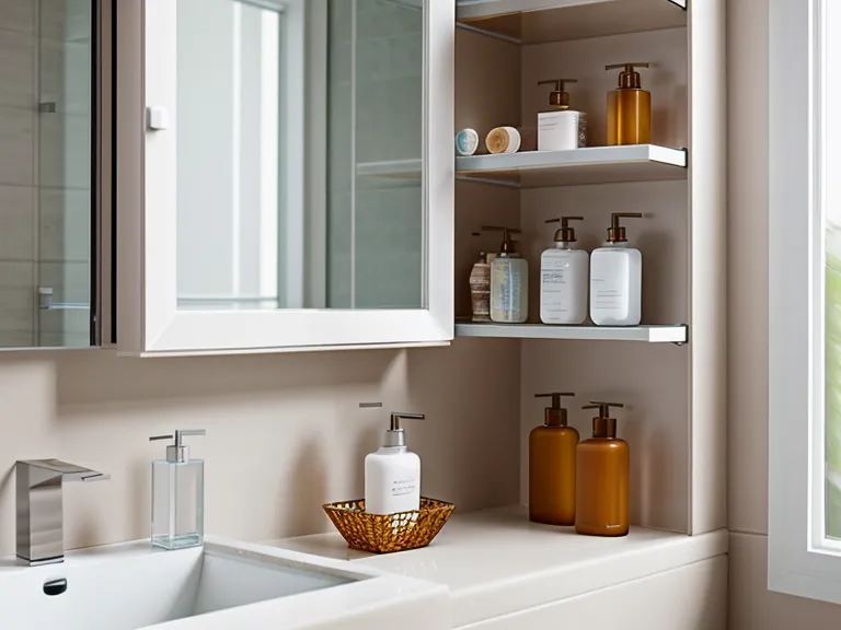 Organized bathroom shelf with a simplified skincare and supplement routine.