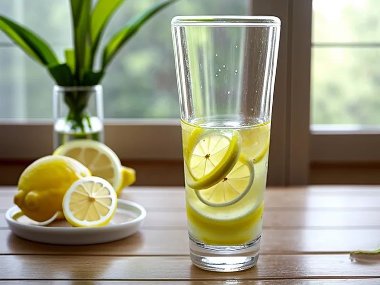 A glass of lemon water and a probiotic bottle on a wooden desk