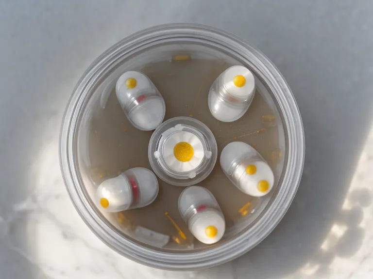 Close-up of probiotic capsules on a marble countertop.