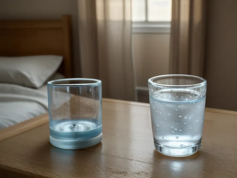 A glass of water and a probiotic capsule on a nightstand in morning light.