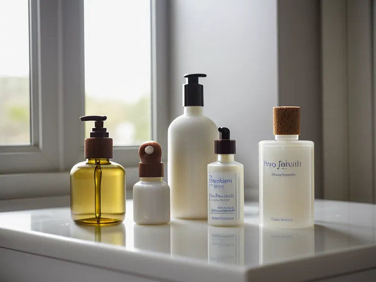 A collection of gut health supplements and skincare bottles on a wooden shelf.