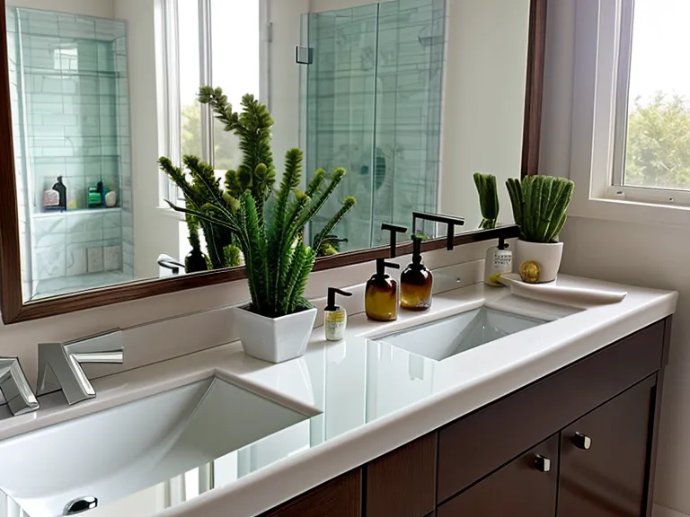 A minimalist bathroom shelf with gut health supplements and a plant.