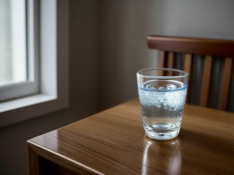 Probiotic capsules and a glass of water on a wooden table.