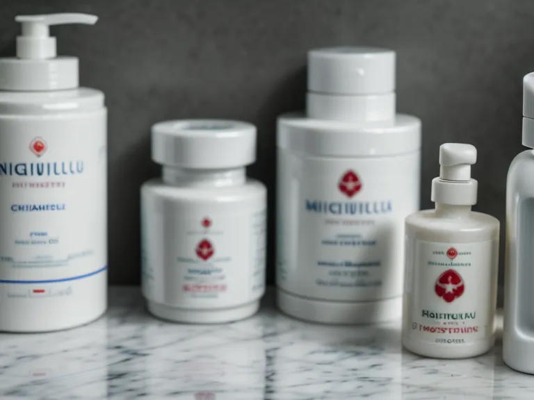 Close-up of a probiotic capsule on a marble bathroom counter with supplement bottles.