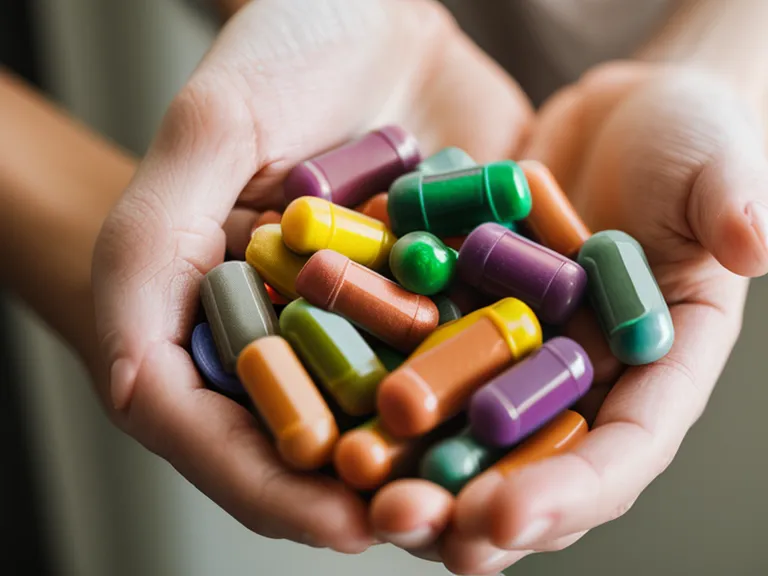 Close-up of SynoGut capsules in a woman's hand