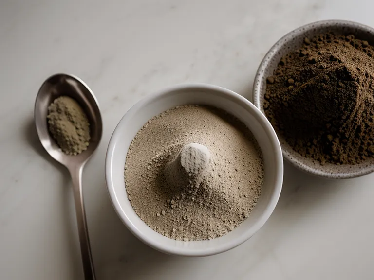 Close-up of the gritty, earthy texture of SynoGut fiber supplement powder.