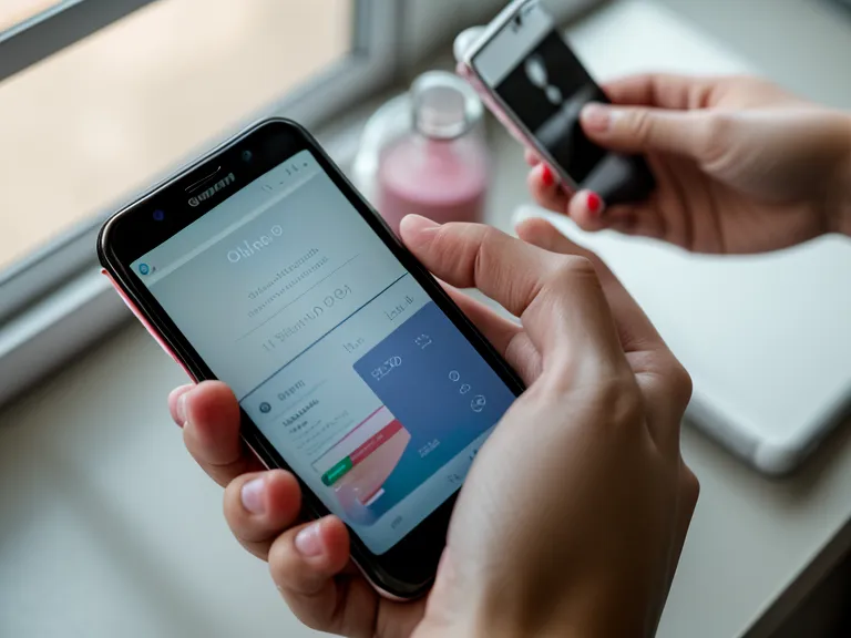 A woman checking a skin progress photo on her phone next to a gut health supplement.